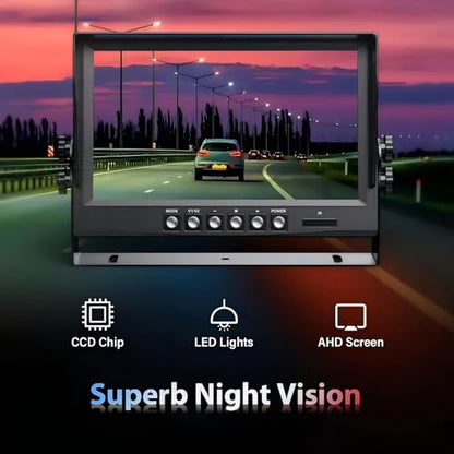 Car Backup Cameras System with 9'' Quad Split Monitor for RV Trailer Semi Truck Camper Bus & 4 AHD 1080P Rear&Side View Cameras with DVR Record Function Night Vision IP69 Waterproof