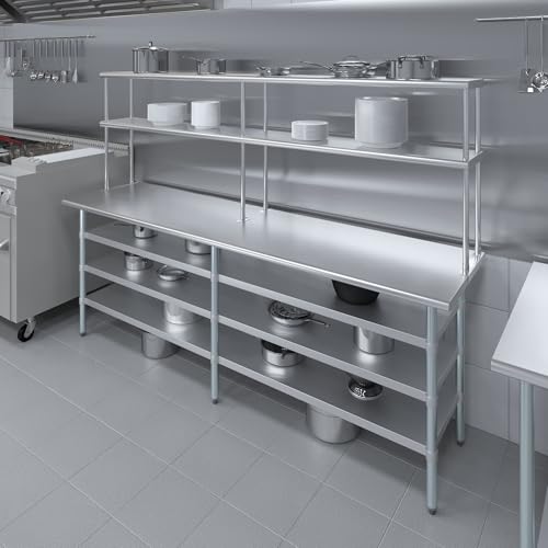 24" x 60" Stainless Steel Work Table with 3 Shelves and 12" Wide Double Tier Overshelf