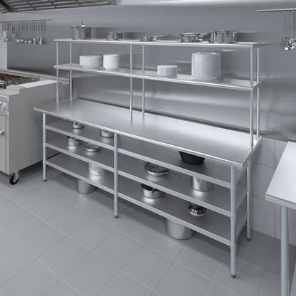 24" x 60" Stainless Steel Work Table with 3 Shelves and 12" Wide Double Tier Overshelf