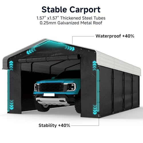 12x20 FT Heavy Duty Metal Carport with Removable Sidewall