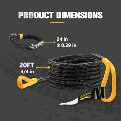 3 4in×20ft Kinetic Recovery Rope with 2 Soft Shackles Kit