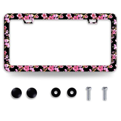 Cherry Blossom Flower Stainless Steel License Plate Frame for US Cars Decor