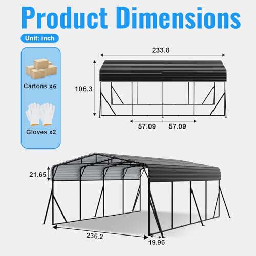 20x20FT Heavy Duty Metal Carport with Side Support Poles for All Weather
