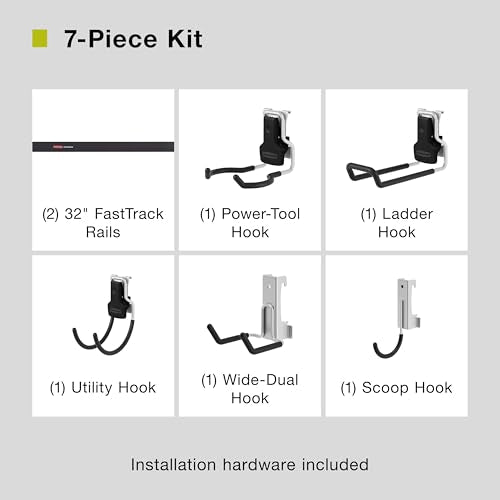 Fasttrack Garage Storage Utility Hooks 7 Piece Black All in One Rail Hook Kit and Tool Organizer Heavy Duty for Home