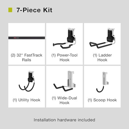 Fasttrack Garage Storage Utility Hooks 7 Piece Black All in One Rail Hook Kit and Tool Organizer Heavy Duty for Home