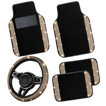 Bling Car Floor Mats Full Set and Steering Wheel Cover (5 Count)