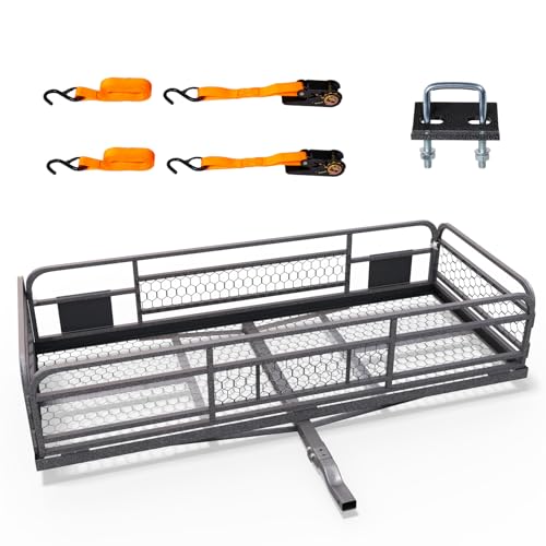 60''X 24''X14'' Folding Hitch Mount Cargo Carrier Basket with Stablizer and Straps