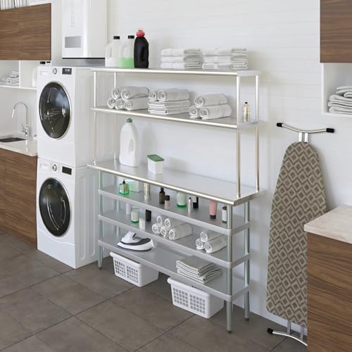 14" x 60" Stainless Steel Work Table with 3 Shelves and 12" Wide Double Tier Overshelf