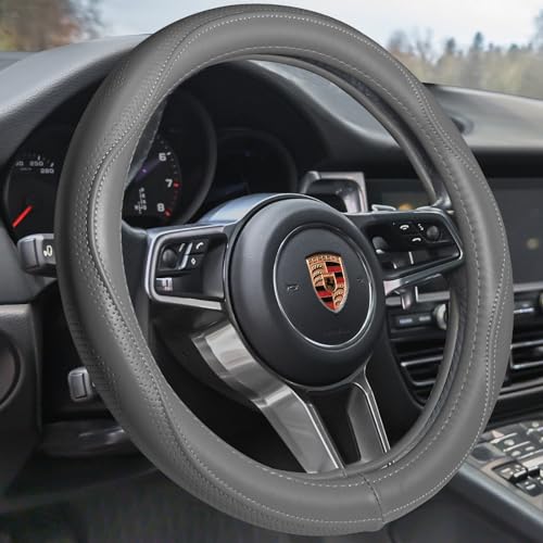 Top Grade Gray Genuine Leather Steering Wheel Cover Men Women