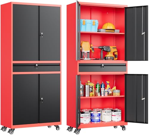 Metal Storage Cabinet with Wheels and Drawer