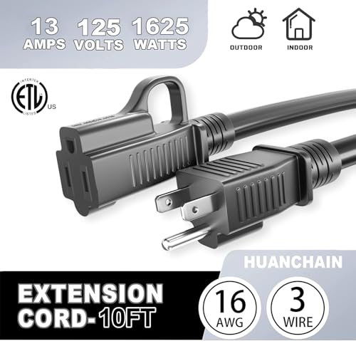 Indoor Black Extension Cord 10 FT 2Pack Waterproof 16
