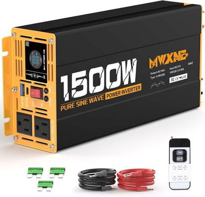 1500W Pure Sine Wave Power Inverter 12V DC to 110V 120V AC Converter with 2 AC Outlets