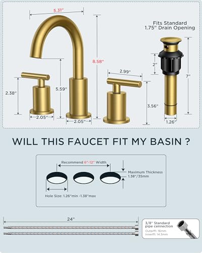Bathroom Sink Faucet 3 Hole Gold 8 Inch Widespread