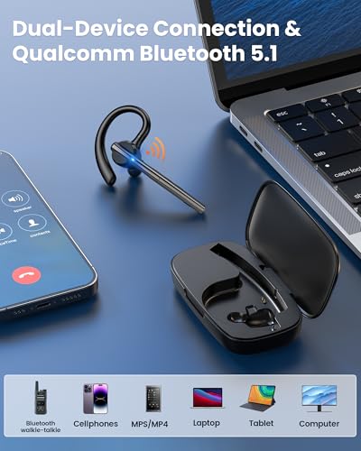 Bluetooth Headset V5.1 72H Talk Time Dual Mic with Mute Button for Business