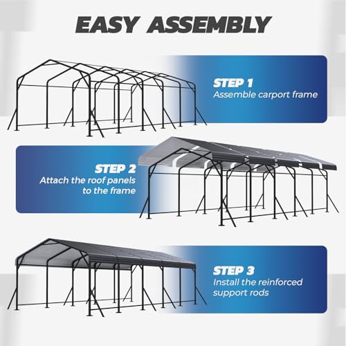 13x26 Metal Carport Heavy Duty Carport Canopy with Upgraded Triangular Reinforced Base Galvanized Steel Roof Car Port Garage Shelter for Vehicle Boat Tractor Storage Grey