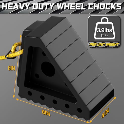 4 Pack Heavy Duty Wheel Chocks with 39" Rope & Dual Reflective Strips