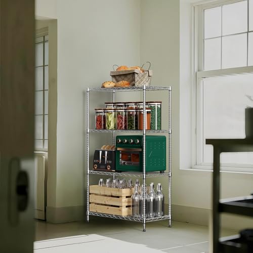 1000 lbs 4Tier Shelf Metal Storage Shelves Wire Rack Closet Organizers with Wheel for Garage Kitchen Bathroom Laundry Chrome 13.7" D x 29.5" W x 47.2" H (4 Count)