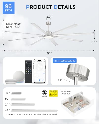 96 Inch Industrial Ceiling Fan with Light