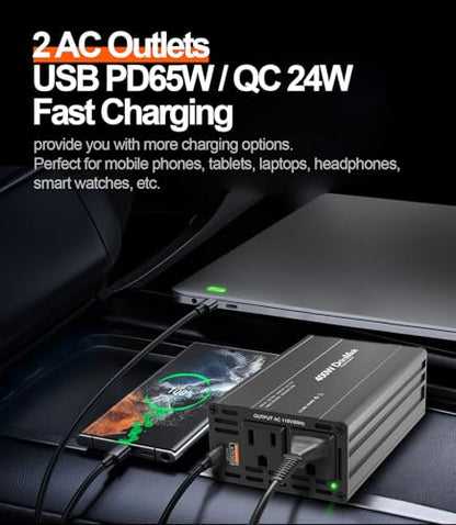 400W Car Power Inverter 12V to 110V AC｜24W+65W USB C