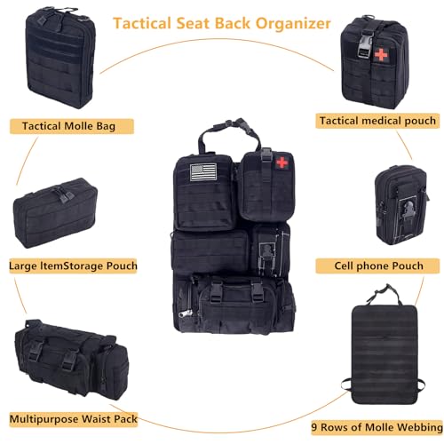 tactical car seat back organizer and storage truck seat covers with a Molle Vehicle Panel and 5 Different Size Molle Pouches for most models such as Jeep