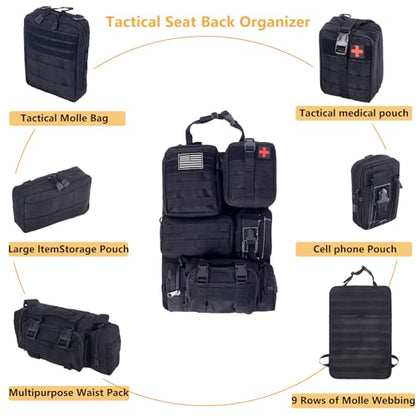 tactical car seat back organizer and storage truck seat covers with a Molle Vehicle Panel and 5 Different Size Molle Pouches for most models such as Jeep
