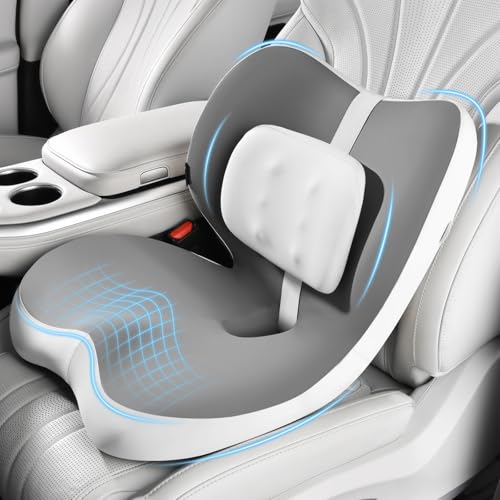 2 in1 Truck Seat Cushion and Lumbar Support Pillow Memory Foam Car Seat Cushion with Adjustable Strap for Truck Driver Long Drives