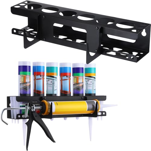 1 Pack Caulking Tube and Gun Holder 6 Slot 16.3 x 6.1 x 3.4 Inch Caulking Gun Storage Rack with Horizontally Base Sealant Organizer for Garage Workshop Work Van Wall Mounted Tubes and Nozzle