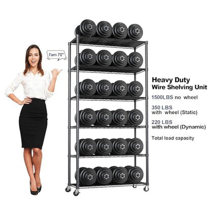 73''H X 35.5''W X14''D 6 Tier Wire Shelf with Wheels 10 Hooks