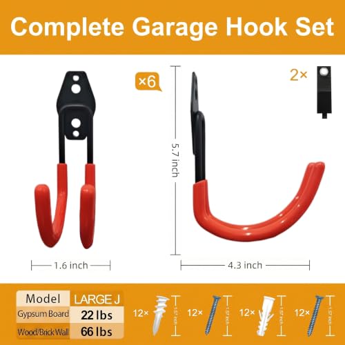 Garage Hooks 6 Pack Large Round Wall Hooks for Hanging Heavy Duty Ladders (6 Count)
