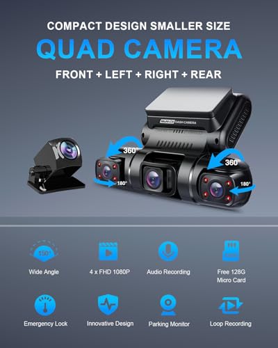 360° 4 Channel Dash Cam Front and Rear Inside Left Right