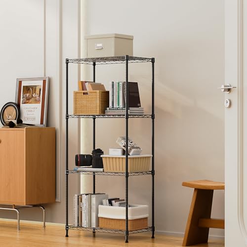 1000 lbs 4Tier Shelf Metal Storage Shelves Wire Rack Closet Organizers with Wheel for Garage Kitchen Bathroom Laundry Black 13.7" D x 23.6" W x 53.4" H (4 Count)