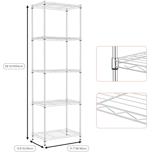 5 Tiers Shelf Metal Storage Shelves Wire Rack Closet Organizers for Garage Kitchen Bathroom Laundry Chrome 11.8" D x 17.7" W x 55" H (5 Count)