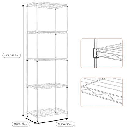5 Tiers Shelf Metal Storage Shelves Wire Rack Closet Organizers for Garage Kitchen Bathroom Laundry Chrome 11.8" D x 17.7" W x 55" H (5 Count)