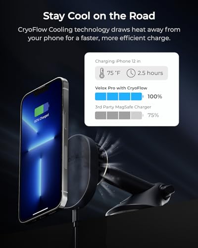 Velox Pro MagSafe Compatible Dash & Windshield Car Mount with Wireless Charging & CryoFlow™ Cooling Compatible with MagSafe Phones Including iPhone 12