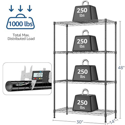 1000 lbs 4Tier Shelf Metal Storage Shelves Wire Rack Closet Organizers for Garage Kitchen Bathroom Laundry Black 13.7" D x 29.5" W x 47.2" H (4 Count)