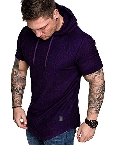 Mens Fashion Hoodies Sport Pullover Solid Color Shirt Workout Lightweight Tops Purple X
