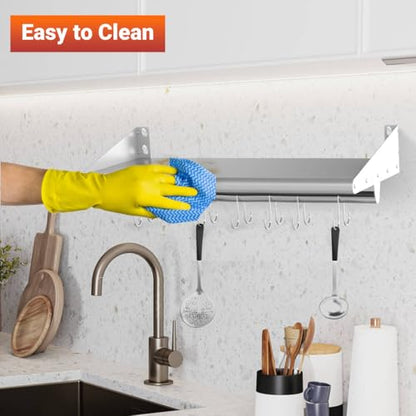 12"x36" Stainless Steel Wall Mount Floating Shelving with 6 Hooks