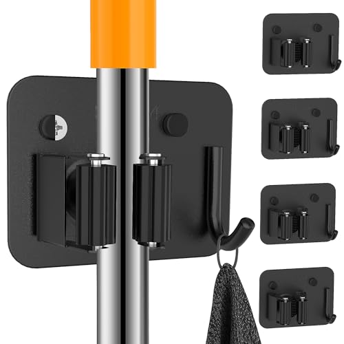 4 Pack Stainless Steel Heavy Duty Broom Holder Wall Mount with Hook (4 Count)