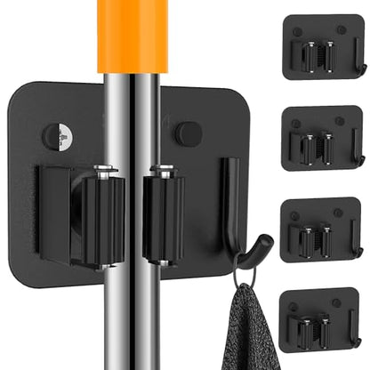 4 Pack Stainless Steel Heavy Duty Broom Holder Wall Mount with Hook (4 Count)
