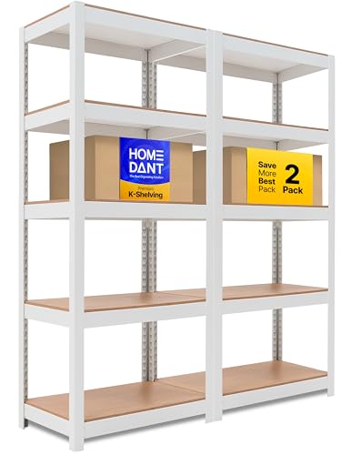 House 24.4" W 5 Tier Heavy Duty Garage Shelving Adjustable Metal Rack Storage Shelves Standing Shelf Unit Organizers Pantry Closet Office White 2Pack (2 Count)