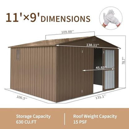 Large Galvanized Steel Storage Shed 11' x 9' with Windows & Lockable Door