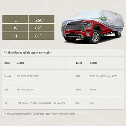 6 Layers Heavy Outdoor Pickup Full Car Cover Hard Shell Zipper Design Waterproof All Weather Weatherproof UV Sun Protection Snow Dust Storm Resistant with Straps