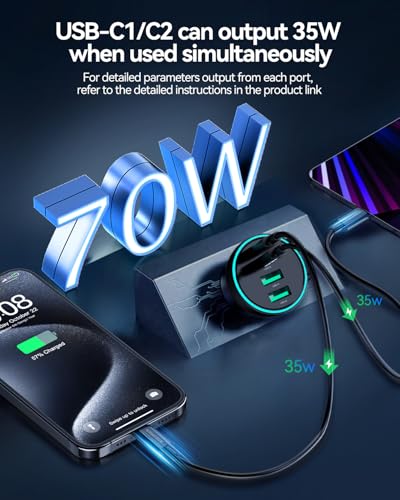 70W 4‑Port PD USB C Fast Car Charger Cigarette Lighter Adapter