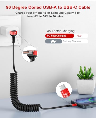Coiled USB A to USB C Cable 6FT 90 Degree USB Type C 3A Fast Charging Cable (2 Count)