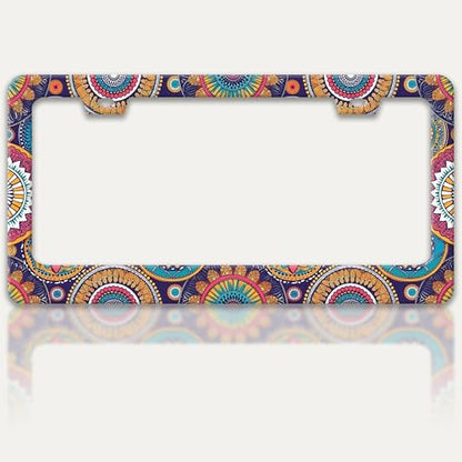 Mandala Flowers License Plate Frame Stainless Steel Auto Accessory 6x12 in