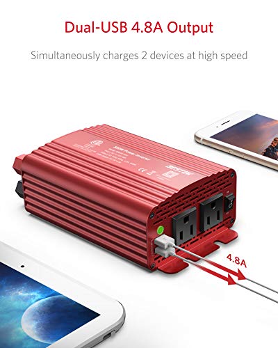 500W Power Inverter DC 12V to 110V AC Converter with Alligator Battery Clamp 4.8A Dual USB Car Charger ETL Listed
