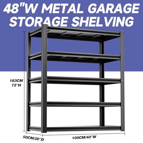 5 Tier 40”W X 20”D X 72”H Heavy Duty Garage Storage Shelves 2500LBS Basement Shelving Heavy Duty Adjustable Unit Rack Metal Rack