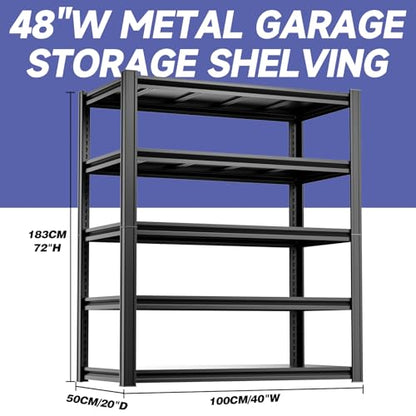 5 Tier 40”W X 20”D X 72”H Heavy Duty Garage Storage Shelves 2500LBS Basement Shelving Heavy Duty Adjustable Unit Rack Metal Rack