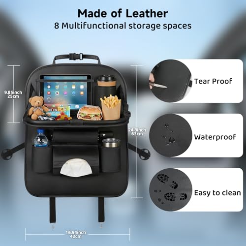 Car Seat Back Organizer with Foldable Table Tray Back of Seat Car Organizer with Touch Screen Phone Holder Premium Pu Leather Material for Kids