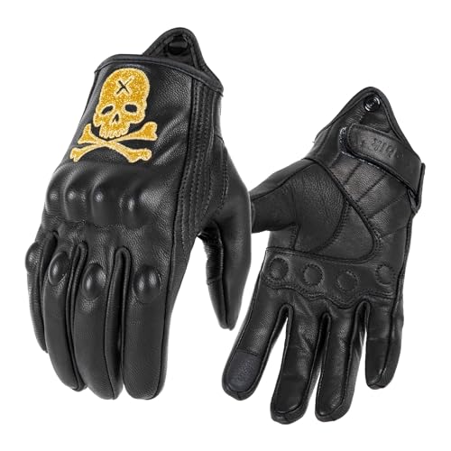Goatskin Leather Motorcycle Motorbike Powersports Racing Gloves Reflective Skull Touchscreen for Men and Women Model